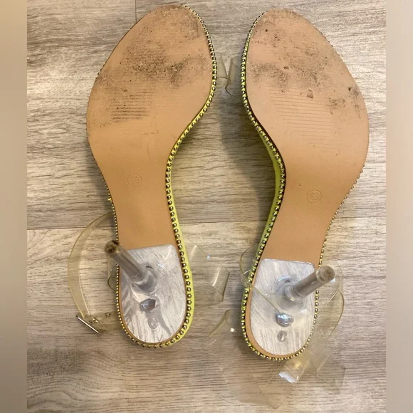 Fashion Nova Neon Yellow Green Heels Silver Studs Clear Adjustable Straps 8.5 - Picture 12 of 15